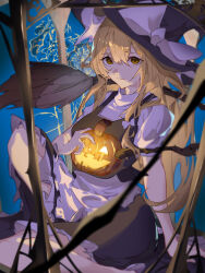  1girl absurdres apron black_skirt black_vest blonde_hair blue_background broom closed_mouth commentary_request expressionless frills hair_between_eyes hair_ribbon halloween hat highres holding holding_pumpkin kawaso1002 kirisame_marisa knee_up long_hair looking_at_viewer pumpkin ribbon shirt short_sleeves sitting skirt touhou vest white_shirt witch_hat yellow_eyes 
