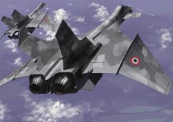  aircraft airplane blue_sky camouflage canards clouds commentary_request fighter_jet firefox_(movie) flying highres mig-31_firefox military_vehicle no_humans original realistic redesign roundel science_fiction sky tyokugekidato vehicle_focus 