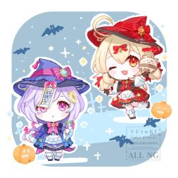  2girls ;d ahoge blonde_hair blush bow bowtie brown_gloves commentary cosplay cryo_symbol_(genshin_impact) dress flower genshin_impact gloves hair_between_eyes hair_bow hand_up hat holding holding_flower jumpy_dumpty klee_(blossoming_starlight)_(genshin_impact) klee_(genshin_impact) klee_(genshin_impact)_(cosplay) multiple_girls ofuda ofuda_on_head one_eye_closed parted_lips purple_bow purple_bowtie purple_dress pyro_symbol_(genshin_impact) red_bow red_bowtie red_eyes red_hat red_skirt signature skirt smile symbol-only_commentary twitter_username violet_eyes violetgrass vision_(genshin_impact) witch_hat yutukicom 