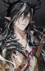  1boy absurdres arknights bishounen black_background black_hair black_jacket chest_tattoo chinese_commentary closed_mouth collarbone dragon_boy dragon_horns eastern_dragon_horns eyelashes hair_between_eyes hand_tattoo highres holding holding_sword holding_weapon horns interlocked_fingers jacket long_hair looking_at_viewer male_focus multicolored_hair neck_tattoo nidexintu open_clothes own_hands_together pointy_ears shirt simple_background slit_pupils solo streaked_hair sword tattoo two-tone_hair upper_body wang_(arknights) weapon white_hair white_shirt yellow_eyes 