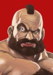  1boy achako_(badendo) beard blue_eyes bust chest_hair face facial_hair lips mohawk muscle nose pectorals raised_eyebrow red_background shirtless simple_background solo street_fighter zangief 