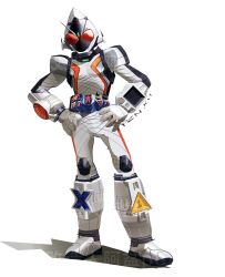  1boy astro_switch black_helmet bodysuit boots dated fourze_driver full_body hands_on_own_hips helmet highres kamen_rider kamen_rider_fourze kamen_rider_fourze_(series) orange_eyes penpenhuihui simple_background solo tokusatsu white_background white_bodysuit white_boots white_helmet 