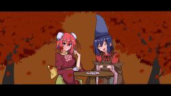  2girls :t autumn autumn_leaves bandaged_arm bandages blue_hair blue_hat brown_sleeves bun_cover chinese_commentary closed_eyes closed_mouth commentary_request cowboy_shot dango detached_sleeves double_bun eating falling_leaves flower food green_skirt grey_skirt hair_bun hat highres ibaraki_kasen juliet_sleeves leaf letterboxed long_sleeves looking_at_viewer miyako_yoshika miyako_yoshika_(living) multiple_girls open_mouth pink_eyes pink_flower pink_hair pink_rose puffy_sleeves que_si_tian_yu_ze red_shirt rose sanshoku_dango shirt short_hair sitting skirt tate_eboshi touhou wagashi wide_sleeves 