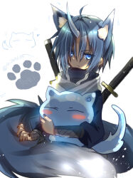  1boy ahoge akatsuki_(ggsy7885) alternate_species animal_ear_fluff animal_ears artist_name black_nails blue_coat blue_eyes blue_hair blush_stickers cat_boy cat_ears cat_tail closed_mouth coat commentary_request creature frown heart highres holding holding_creature horns male_focus medium_hair paw_print rimuru_tempest_(slime) scarf sheath sheathed signature simple_background single_horn slime_(creature) soei_(tensura) solo sword sword_on_back tail tensei_shitara_slime_datta_ken twitter_username upper_body v-shaped_eyebrows vambraces weapon weapon_on_back white_background white_horns white_scarf 