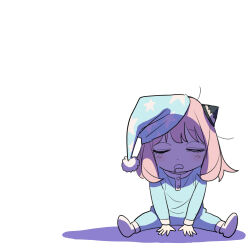  1girl absurdres anya_(spy_x_family) blue_hat child commentary_request drooling endou_tatsuya full_body hairpods hat highres negative_space onesie shadow simple_background sitting sleeping sleeping_upright socks solo spy_x_family white_background white_socks 