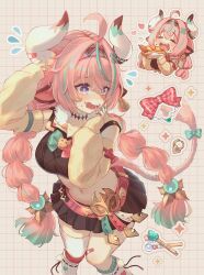  1girl ahoge animal_ears artist_name bandaid bandaid_on_leg blush bow braid breasts cow_ears cow_horns cow_tail detached_sleeves ear_bell eating genshin_impact grid_background hairband heart highres horns hot_dog kruhhkake large_breasts leg_warmers long_hair midriff miniskirt navel pink_hair single_thighhigh skirt tail thigh-highs twin_braids varesa_(genshin_impact) violet_eyes wavy_mouth white_leg_warmers 