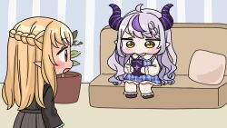  2girls ahoge black_shirt black_shoes blonde_hair blue_dress blush_stickers braid braided_bangs brown_eyes cellphone chibi collared_shirt commentary_request couch demon_horns dress elf grey_dress highres holding holding_phone hololive horns indoors la+_darknesss long_hair long_sleeves looking_down mochimiko multicolored_hair multiple_girls notice_lines on_couch open_mouth phone pillow plaid_clothes plaid_dress plant pleated_dress pointy_ears potted_plant puffy_long_sleeves puffy_sleeves purple_hair red_eyes shiranui_flare shiranui_flare_(street) shirt shoes sitting streaked_hair striped_clothes striped_dress vertical-striped_clothes vertical-striped_dress very_long_hair virtual_youtuber white_shirt yurie_mouth 