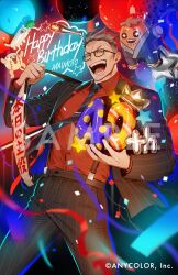  1boy ;d balloon baseball black_jacket black_pants blue_necktie brown-framed_eyewear character_name collared_shirt commentary_request company_name copyright_logo copyright_notice glasses grey_eyes grey_hair happy_birthday holding jacket logo maimoto_keisuke maimoto_keisuke_(1st_costume) maimoto_keisuke_(2nd_costume) male_focus necktie nijisanji official_art one_eye_closed open_clothes open_jacket open_mouth pants red_shirt sample_watermark semi_(p-poco) shirt short_hair smile solo star_(symbol) striped_clothes striped_jacket striped_necktie striped_pants teeth tongue translation_request vertical-striped_clothes vertical-striped_jacket vertical-striped_pants virtual_youtuber watermark 