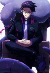  1boy arbok black-framed_eyewear black_coat black_pants chair coat collared_shirt commentary_request corbeau_(pokemon) figure_four_sitting forked_tongue glasses highres lapels layered_sleeves long_sleeves looking_at_viewer male_focus misonikomiii necktie open_mouth own_hands_together pants parted_hair pokemon pokemon_(creature) pokemon_legends:_z-a purple_hair purple_shirt round_eyewear shirt shoes short_hair sitting smile solo tassel tongue tongue_out white_necktie wing_collar yellow_eyes 