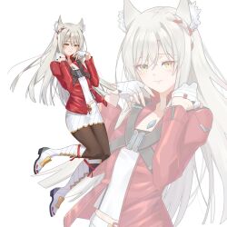  1girl animal_ear_fluff animal_ears blush boots cat_ears cat_girl commentary cosplay hehe_jun highres jacket long_hair looking_at_viewer mio_(xenoblade) noah_(xenoblade) noah_(xenoblade)_(cosplay) pantyhose pleated_skirt red_jacket simple_background skirt solo white_background white_boots white_hair white_skirt xenoblade_chronicles_(series) xenoblade_chronicles_3 yellow_eyes zoom_layer 
