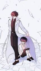  2boys bandage_on_elbow bandage_on_face bandage_on_knee bandages black_eyes black_hair black_shirt book coat collared_shirt dual_persona flying_paper full_body holding holding_book holding_coat holding_unworn_clothes kim_dokja knees_up looking_at_another male_focus multiple_boys muzililsp oldest_dream omniscient_reader's_viewpoint open_book open_clothes open_coat outstretched_arm paper popped_collar shared_clothes shared_coat shirt short_hair sitting unworn_coat vest white_coat white_shirt wind wind_lift yellow_vest 