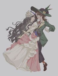  2girls :d :o absurdres behind_another black_hair black_skirt brown_hair brown_shoes collared_shirt dancing dress eye_contact eyewear_strap face-to-face feathers flower full_body glasses gloves gown green_eyes green_feathers green_hat grey_background hat hat_feather hat_flower highres isolde_(reverse:1999) juliet_sleeves kakania_(reverse:1999) long_hair long_sleeves looking_at_another low_ponytail multiple_girls neck_ribbon orange_socks picture_hat ponytail puffy_sleeves red_ribbon reverse:1999 ribbon shirt shoes skirt smile socks turning_head veil very_long_hair violet_eyes white_dress white_gloves white_hat white_shirt white_veil xy_mt2528 yellow_flower yellow_gloves 
