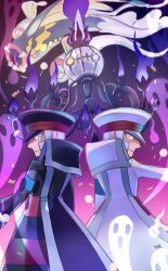  21consecutivebattles 2boys arched_crown black_coat blue_necktie blue_skin brothers chandelier chandelure coat collared_shirt colored_sclera colored_skin crown eel eelektross emmet_(pokemon) fangs fire fish ghost gloves grey_eyes grey_hair hat high_collar highres ingo_(pokemon) lamprey mega_chandelure mega_eelektross mega_pokemon mismatched_eyes multicolored_skin multiple_boys necktie peaked_cap pokemon pokemon_(creature) pokemon_bw purple_fire red_sclera shirt short_hair siblings sidelocks striped_coat twins two-tone_skin v-shaped_eyes white_coat white_gloves white_hat white_shirt white_skin yellow_eyes yellow_trim 