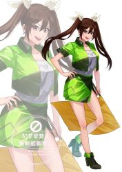  1girl alternate_costume black_boots boots brown_eyes brown_hair c2_race_queen_uniform cropped_jacket flag green_jacket green_skirt grey_tube_top hand_on_own_hip highres holding holding_flag jacket kantai_collection long_hair looking_at_viewer miniskirt multicolored_jacket multicolored_skirt racequeen shi_ba_1 short_sleeves simple_background skirt smile solo strapless tone_(kancolle) tube_top twintails two-tone_skirt white_background zoom_layer 