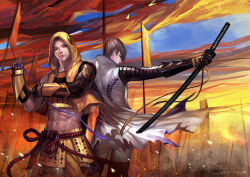 2boys battlefield closed_mouth commentary_request dust grey_hair grey_pants highres holding holding_sword holding_weapon hood hood_up ishida_mitsunari_(sengoku_basara) katana kdash midriff multiple_boys navel outdoors pants sengoku_basara shirt signature sword tokugawa_ieyasu_(sengoku_basara) toned toned_male weapon white_shirt 