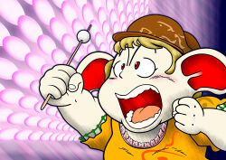  1girl blonde_hair blush brown_hat dango dragon_ball dress food hat kams oolong open_mouth parody red_eyes ringo_(touhou) short_hair touhou wagashi yellow_dress 