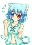  1girl animal_ears blue_eyes blue_hair blush breasts cat_ears cat_tail hestia heterochromia looking_at_viewer navel paw_pose red_eyes short_hair simple_background solo tail tatara_kogasa tongue tongue_out touhou vest white_background 