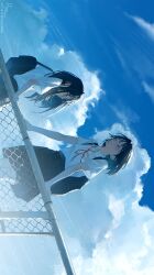  2girls absurdres black_bag black_hair black_skirt blue_sky chain-link_fence closed_mouth clouds commentary english_commentary fence highres light_particles long_hair multiple_girls original red_ribbon ribbon ryane_(yry_0) school_uniform shirt short_hair sideways skirt sky smile white_shirt 