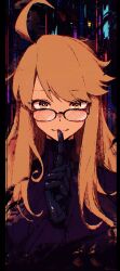  1girl absurdres ahoge alma_armas black_shirt finger_to_mouth glasses highres long_hair orange_hair portrait rnna shirt solo va-11_hall-a yellow_eyes 