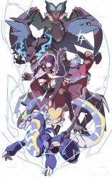  1girl alternate_costume alternate_universe armor artist_name bad_source ball black_shorts blue_fire blunt_bangs braid cape charizard closed_mouth creature crop_top crossover electricity fire floating floating_hair flying from_side garchomp genshin_impact goomy gradient_hair hair_floating_upwards hair_ornament hair_ribbon hand_on_own_arm head_tilt highres holding holding_ball jangmo-o knee_up leaning_forward light_smile long_braid looking_at_viewer looking_to_the_side mega_charizard_x miraidon mo_yang multicolored_hair navel no_shoes noivern poke_ball poke_ball_(basic) pokemon pokemon_(creature) purple_cape purple_hair purple_thighhighs raiden_shogun ribbon shade shadow shorts shoulder_armor single_braid stomach streaked_hair thigh-highs thighs toes violet_eyes watermark white_background wings 