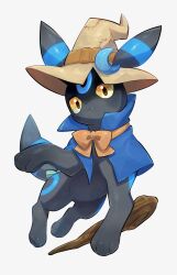  absurdres alternate_color animal_focus black_fur black_mage_(final_fantasy) black_mage_(final_fantasy)_(cosplay) blue_cloak cloak closed_mouth clothed_pokemon colored_sclera cosplay crescent crescent_hat_ornament ears_through_headwear fang final_fantasy hat hat_ornament highres long_sleeves looking_at_viewer mage_staff no_humans nullma pokemon pokemon_(creature) pokemon_focus shiny_pokemon simple_background solo staff tail umbreon wizard_hat yellow_eyes yellow_sclera 