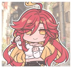  1girl ahoge ai-assisted ai-generated_background alternate_costume artist_name bare_shoulders black_pants blurry blurry_background blush border breasts building casual character_name chibi chibi_only clenched_hands closed_mouth commentary cowboy_shot cropped_shirt door earrings futaba_(anti_clockwise) genshin_impact hair_between_eyes highres jewelry lantern large_breasts long_hair long_sleeves looking_at_viewer mavuika_(genshin_impact) multicolored_hair navel off-shoulder_shirt off_shoulder orange_eyes orange_hair orange_pupils outdoors outline pants plant red_hair shirt smile solo stomach symbol-only_commentary symbol_in_eye two-tone_hair very_long_hair white_border white_outline white_shirt 