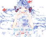  1girl blue_eyes blue_hair bottle_miku bubble character_name fish haiiro_(1542694423) hair_ribbon hatsune_miku liquid_hair long_hair ribbon solo twintails vocaloid water 