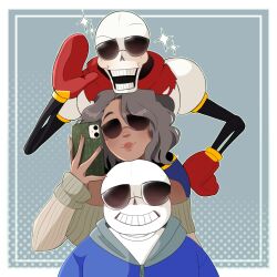  1:1 1girl 2024 2boys 2d armor behind_another blue_jacket blue_shorts border brothers brown_eyes brown_hair cape cellphone commission commissioner_insert curly_hair dark-skinned_female dark_skin digital_media duo female glasses gloves grey_background grey_hood halftone halftone_background hand_up height_difference highres holding holding_cellphone holding_phone hood hood_down hooded_jacket human humanoid inset_border jacket male male_focus male_only mole mole_above_mouth monster monster_boy multiple_boys original original_character papyrus_(undertale) phone red_cape red_gloves sans_(undertale) second-party_source shirt short_hair shorts siblings simple_background skeleton smartphone straight-on sunglasses sweater teeth thenightgazers trio undead undertale utdr_(toby_fox) white_armor white_background white_border white_shirt zipper 