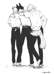  3boys arm_around_shoulder body_fur commentary_request dog_boy from_behind full_body furry furry_male greyscale male_focus monochrome multiple_boys nagabe original school_uniform shirt simple_background tail walking white_background 