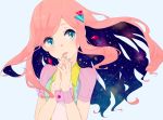  1girl blue_eyes earrings hair_ornament jewelry kise_(swimmt) long_hair open_mouth original pink_hair solo space star star-shaped_pupils symbol-shaped_pupils 
