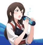  1girl akagi_(kantai_collection) brown_eyes brown_hair drooling eating hungry japanese_clothes jumping_dogeza kantai_collection long_hair muneate open_mouth personification playstation playstation_vita solo 