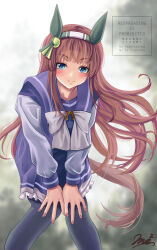  1girl animal_ears blue_eyes blunt_bangs blush bow bowtie closed_mouth ear_covers green_eyes hair_ornament hairband hands_on_own_knees highres hime_cut horse_ears horse_girl horse_tail leaning_forward long_hair long_sleeves looking_at_viewer orange_hair orange_tail purple_sailor_collar purple_serafuku purple_shirt purple_skirt purple_thighhighs sailor_collar sailor_shirt school_uniform serafuku shirt silence_suzuka_(umamusume) skirt smile solo tail thigh-highs tracen_school_uniform umamusume white_bow white_bowtie white_hairband yumibakama_meme 