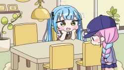  2girls :d ahoge anchor_symbol baseball_cap blue_hair blush_stickers braid brown_dress chair chibi closed_mouth collared_shirt commentary_request dress flying_sweatdrops grey_hoodie hat heart heart_ahoge highres hololive hood hoodie indoors long_hair long_sleeves minato_aqua mochimiko multicolored_hair multiple_girls on_chair pink_hair pleated_skirt profile puffy_long_sleeves puffy_short_sleeves puffy_sleeves purple_hair purple_hat purple_skirt shirt short_sleeves sitting skirt sleeveless sleeveless_dress small_sweatdrop smile standing sweat table twin_braids twintails two-tone_hair very_long_hair violet_eyes virtual_youtuber white_shirt yukihana_lamy 