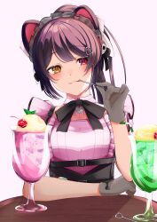  1girl :3 absurdres animal_ears animal_hair_ornament arm_rest black_bow black_bowtie blush bow bowtie breasts cafe_cutemare_uniform cherry chest_harness closed_mouth collar commentary_request detached_collar dog_ears elbow_rest food frilled_shirt frills fruit glove_bow gloves grey_gloves grey_headdress hair_ornament hand_up harness heart heart_collar heart_hair_ornament heterochromia highres holding holding_spoon ice_cream ice_cream_float inui_toko long_hair looking_at_viewer maid_headdress melon_soda nijisanji o_ro_ck pendant_collar pink_background pink_collar pink_shirt ponytail pov_across_table red_eyes red_pupils shirt shirt_tucked_in simple_background small_breasts solo spoon table upper_body utensil_in_mouth virtual_youtuber wooden_table yellow_eyes yellow_pupils 