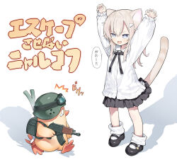  1girl :d ak-47 animal animal_ear_fluff animal_ears arms_up assault_rifle backpack bag bird black_shoes black_skirt blue_eyes blush brown_hair capriccio cat_ears cat_girl cat_tail collared_shirt commentary_request dress_shirt duck escape_from_duckov fangs green_helmet gun hair_between_eyes hair_ornament hairclip helmet holding holding_gun holding_weapon kalashnikov_rifle long_sleeves multicolored_hair original pink_hair pleated_skirt puffy_long_sleeves puffy_sleeves rifle shadow shirt shoes simple_background skirt sleeves_past_wrists smile socks spring_onion standing streaked_hair tail translation_request walking weapon white_background white_shirt white_socks 