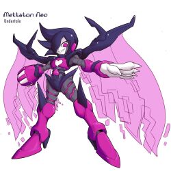  1boy 2000s_(style) androgynous android arm_cannon black_hair boots character_name copyright_name energy_wings fingernails full_body gloves grin hair_over_one_eye heart high_heel_boots high_heels highres karakatodzo knee_boots long_fingernails looking_at_viewer male_focus mechanical_arms mega_man_(series) mega_man_zero_(series) mettaton nakayama_tooru_(style) outstretched_arms parody pink_boots purple_wings robot_ears sharp_fingernails short_hair smile solo spread_arms standing style_parody undertale utdr_(toby_fox) v-shaped_eyebrows violet_eyes weapon white_gloves wings 