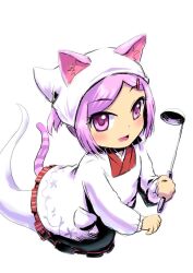  1girl animal_ears apron cat_ears cat_girl cat_tail emil_chronicle_online ghost_girl ghost_tail hair_ornament hairclip hat holding holding_ladle kappougi ladle nekomata_sumire open_mouth os_aod purple_hair solo tail violet_eyes white_background white_hat 