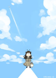  1girl :&gt; absurdres aircraft airplane alternate_hair_color antennae anya_(spy_x_family) black_hair black_necktie black_shoes brown_dress cat contrail dated dress endou_tatsuya hairpods highres long_hair necktie pleated_dress shirt shoes solo spy_x_family white_shirt 