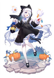  1girl :d animal_ear_headwear asahikawa_hiyori black_dress black_shoes black_veil blue_bow blue_eyes blue_ribbon bow candle candy cat_girl cat_tail commentary dress food frilled_dress frills full_body ghost halloween holding holding_lantern lantern lollipop long_hair long_sleeves low_twintails multiple_tails neck_ribbon open_mouth original pantyhose pumpkin ribbon shoes simple_background smile solo standing standing_on_one_leg tail twintails two_tails veil white_background white_hair white_pantyhose wrapped_candy 