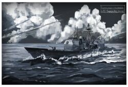  clouds commentary contrail cruiser english_commentary english_text guided_missile_cruiser highres kookaburrarex military_vehicle no_humans original real_life ship uss_bunker_hill_(cg-52) warship watercraft waves 