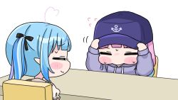  2girls ahoge anchor_symbol arms_up baseball_cap blue_hair chair chibi closed_eyes closed_mouth drawstring flying_sweatdrops grey_hoodie hands_on_headwear hat heart heart_ahoge highres hololive hood hood_down hoodie indoors long_hair long_sleeves minato_aqua mochimiko motion_lines multicolored_hair multiple_girls on_chair pink_hair puffy_long_sleeves puffy_short_sleeves puffy_sleeves purple_hair purple_hat shirt short_sleeves simple_background smile streaked_hair table twintails two-tone_hair upper_body virtual_youtuber white_background white_shirt yukihana_lamy yurie_mouth 