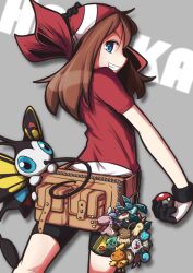  bandana beautifly black_shorts blue_eyes brown_bag brown_hair bug bulbasaur character_charm character_name charm_(object) combusken commentary_request eevee fanny_pack glaceon gloves grey_background guriko_(mossari) hand_on_headwear holding holding_poke_ball looking_back may_(pokemon) medium_hair munchlax poke_ball poke_ball_(basic) pokemon pokemon_(anime) pokemon_(creature) pokemon_rse_(anime) red_bandana red_shirt shirt shorts silcoon simple_background skitty smile squirtle teeth torchic wartortle white_gloves wurmple 