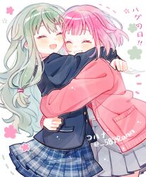  2girls :d ^_^ black_jacket blue_skirt blush bob_cut buttons cardigan closed_eyes cohana cowboy_shot double-parted_bangs flower green_flower green_hair grey_serafuku grey_shirt grey_skirt grin hair_between_eyes happy highres hug jacket kamiyama_high_school_uniform_(project_sekai) kusanagi_nene long_hair long_sleeves low-tied_sidelocks midriff_peek miniskirt miyamasuzaka_girls&#039;_academy_school_uniform multiple_girls mutual_hug neckerchief ootori_emu open_mouth pale_skin pink_cardigan pink_flower pink_hair plaid_clothes plaid_skirt pleated_skirt pocket project_sekai puffy_long_sleeves puffy_sleeves raised_eyebrows red_neckerchief school_uniform serafuku shirt short_hair sidelocks simple_background skirt smile standing translation_request twitter_username very_long_hair white_background 