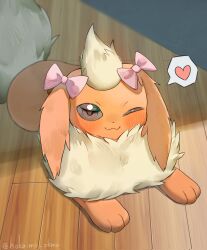  animal_focus blush bow brown_eyes closed_mouth commentary_request flareon heart highres hokaimo_pkmn lying no_humans one_eye_closed pokemon pokemon_(creature) smile twitter_username 