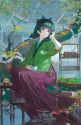  1girl absurdres aoqun bandaged_wrist bandages beads blunt_bangs bowl chinese_clothes darr1o freckles green_hair green_hanfu hair_beads hair_ornament hanfu herb highres holding holding_bowl in_tree kusuriya_no_hitorigoto looking_at_viewer maomao_(kusuriya_no_hitorigoto) medium_hair mortar_(bowl) multi-tied_hair parted_lips pestle sitting sitting_in_tree solo tree violet_eyes wind 