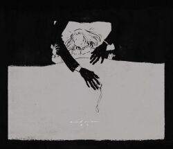  1boy 1girl child closed_eyes commentary_request greyscale holding_another's_arm lying monochrome nagabe on_back out_of_frame pillow sensei_(totsukuni_no_shoujo) shiva_(totsukuni_no_shoujo) sleeping totsukuni_no_shoujo under_covers 