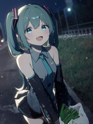  1girl absurdres armpit_peek artist_name asymmetrical_sidelocks bag bare_shoulders black_skirt black_sleeves blue_eyes blue_hair blue_necktie blush collared_shirt detached_sleeves frilled_shirt frills grass grey_shirt hair_between_eyes hair_ornament hairclip hatsune_miku highres holding holding_bag long_hair looking_at_viewer miniskirt moca_mame39 mountain necktie night night_sky open_mouth pleated_skirt road shirt sidelocks signature skirt sky sleeveless sleeveless_shirt smile snow snowing solo spring_onion striped_clothes striped_shirt striped_skirt striped_sleeves thighs twintails twitter_username vertical-striped_clothes vertical-striped_shirt very_long_hair vocaloid 