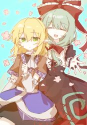  2girls arm_ribbon arm_warmers bow brown_shirt dress front_ponytail green_eyes green_hair hashtag-only_commentary highres kagiyama_hina mizuhashi_parsee multiple_girls pointy_ears red_bow red_dress red_ribbon ribbon shirt smile touhou wusem0108 