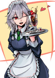 1girl 3books absurdres apron blue_dress bow braid cherry collared_shirt commentary_request cup dress drinking_glass food food_request fruit green_bow green_necktie grey_hair hair_bow heart highres holding holding_tray izayoi_sakuya long_hair long_sleeves looking_at_viewer maid maid_day maid_headdress necktie one_eye_closed open_mouth red_eyes shirt smile solo touhou tray twin_braids waist_apron white_apron white_shirt 