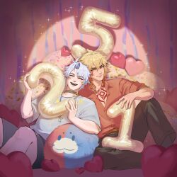  2boys antenna_hair black_choker black_pants black_shorts blonde_hair blue_shirt braid chest_tattoo choker closed_eyes collared_shirt facial_tattoo gradient_hair hashtag-only_commentary highres honkai:_star_rail honkai_(series) male_focus medium_hair multicolored_hair multiple_boys mydei_(honkai:_star_rail) neck_tattoo number_balloon pants parted_bangs phainon_(honkai:_star_rail) red_hair red_shirt red_tattoo ren_4dxo shirt short_hair shorts side_braid sleeves_rolled_up spotlight sun_symbol sun_tattoo tattoo white_hair yellow_eyes 